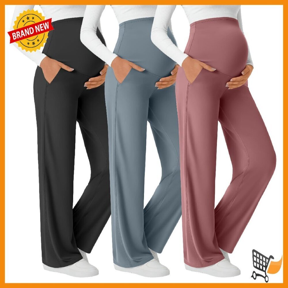 3 Pack Maternity Yoga Pants Over Belly Wide Leg Lounge Trousers Pockets